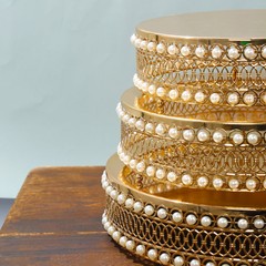 3 Gold Pearl Beaded Metal Cake Stands Mirror Top Party Event Decoration Supplies