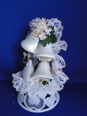 New Vintage Bride & Groom with peach trimmed Arch & bells Wedding CakeTop #187