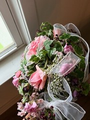 Handmade Vintage 1990s Pink, Mauve, White, Plum Wedding Bouquet w/ Boutonnieres