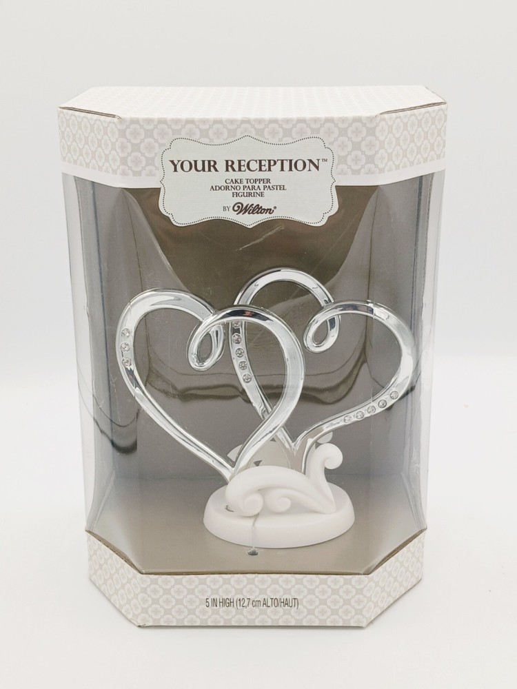 Wilton Double Heart Cake Topper Chrome & White w / Faux Crystals 5″ T x 6″ W.