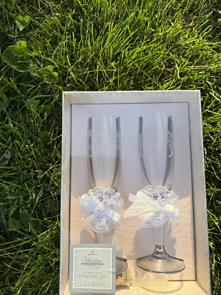 Hallmark Wedding Crystal Champagne Flutes, 2pc Set, Clear/White Etched