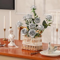 12PCS Artificial Silk Flowers Realistic Roses Bouquet 12Pcs Flowers Silver
