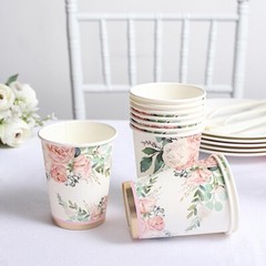 24 WHITE 9 oz Pink Peony Flower Design PAPER CUPS Party Events Home Decorations
