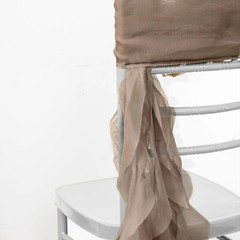 Taupe Premium Curly Chiffon CHAIRS Covers Cap SASHES Bows Ties Wedding Sale
