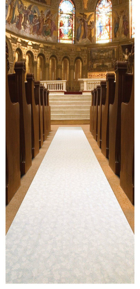 Wedding Aisle Runner White Roses Floral Fabric 100ft x 3ft w/Cord Handle Beistle