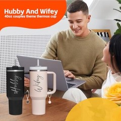 Wifey Hubby 40 oz Tumbler Cup for Couples with Handle Lids Straws Letter Charm
