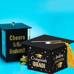 2026 Graduation Party Card Box, Black Gold Congrats Cap Card Holder Box with Tas
