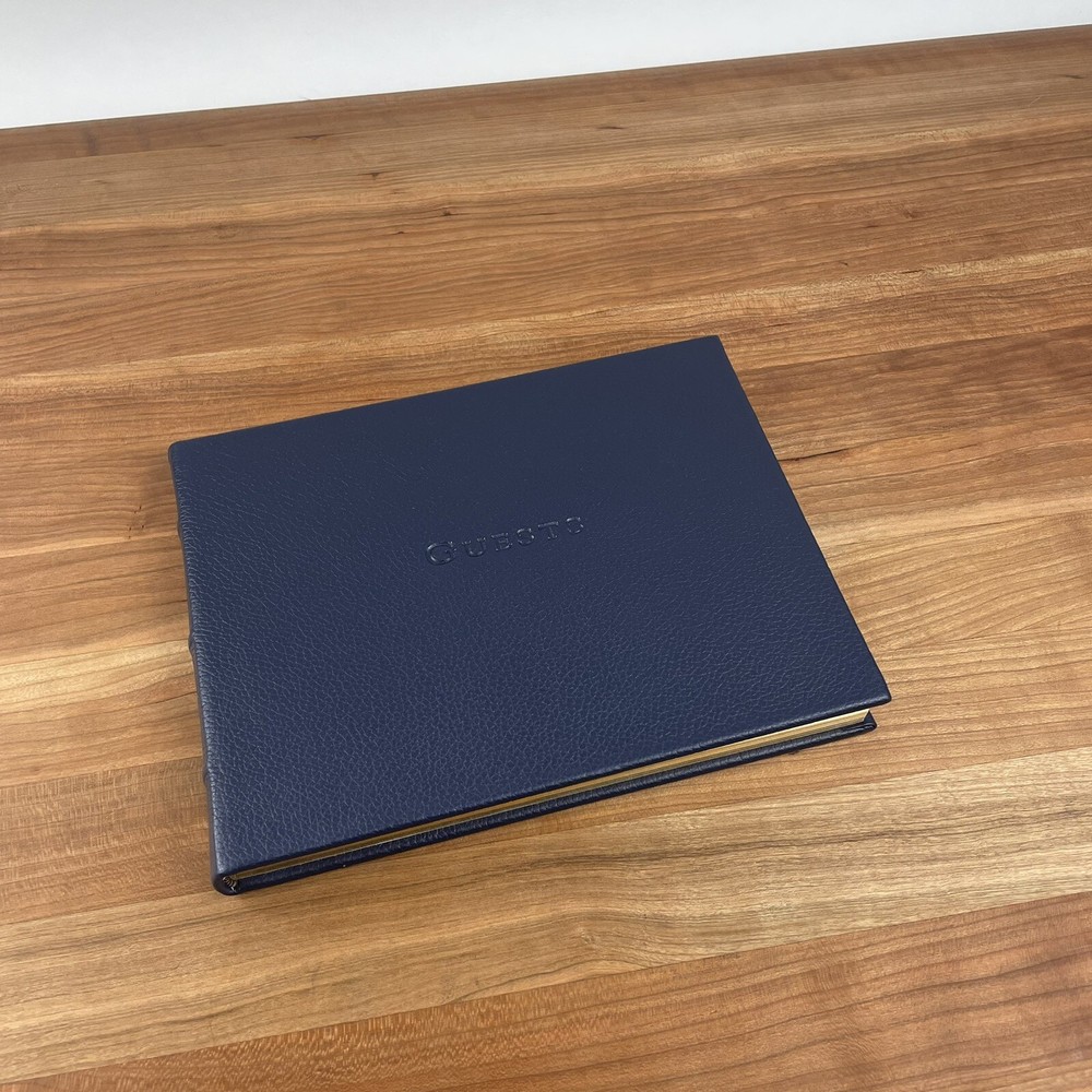 Pottery Barn Italian Leather-Bound Guest Book Sign-in Book Navy Open Box NWOT