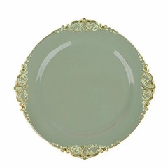 10 DUSTY SAGE GOLD 10″ Round Plastic Salad Dinner PLATES Embossed Baroque Rim
