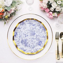 25 Round 10″ BLUE Paper Salad Plates Gold Wavy Rim Party Tableware Decorations