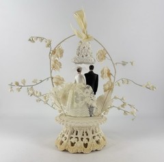 Vintage Art Deco Bride Groom Wedding Topper Bell Clapper Lace Ceramic Stand Silk
