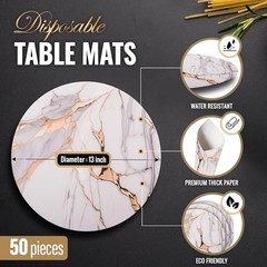 50pcs Gold and White Marble Round Paper Placemats, 13″ Disposable Charger
