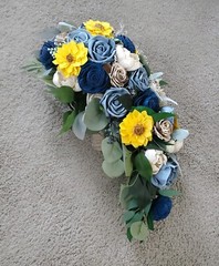 Dusty Blue Navy Sunflower Sola Wood Cascade Bridal Bouquet & Wedding Flowers