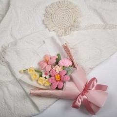 Crochet Flower Bouquet – Hand-Knitted Tulip Faux Flowers with Gift Bag & Pink