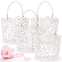 White Flower Girl Basket with Handle for Wedding Ceremony 5.9 x 4.72 x 4.33 Inch
