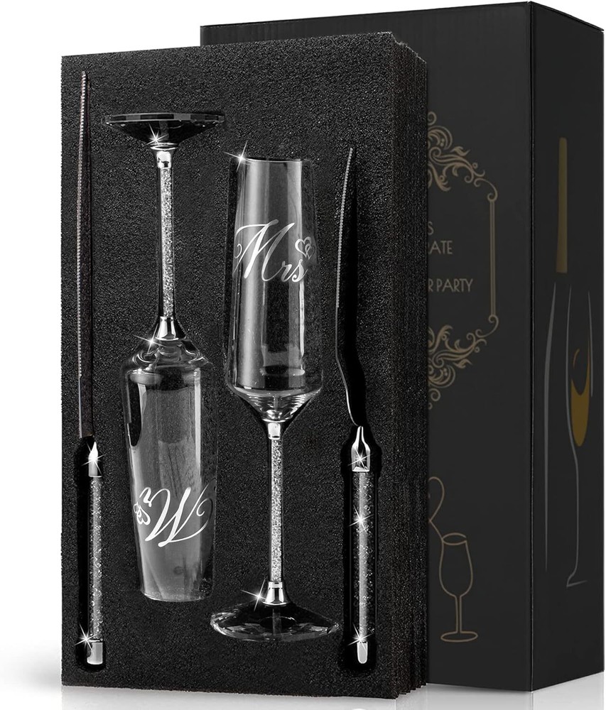 Wedding Cake Knife and Server Set, Mr and Champagne Flutes with Wedding Cake