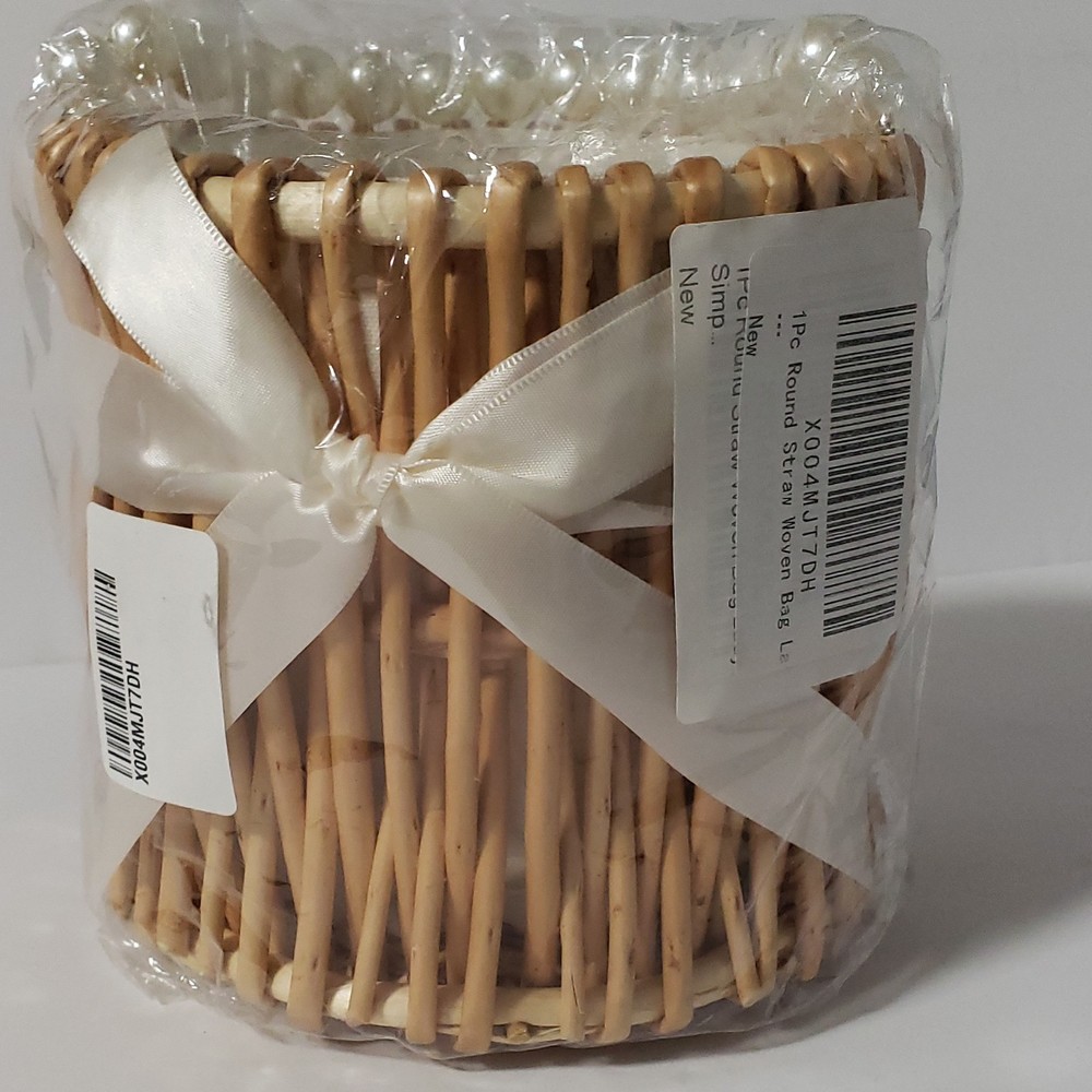 VIVICLUD Round Straw Woven Flower Basket Pearl Handle Ribbon Wedding Beige White