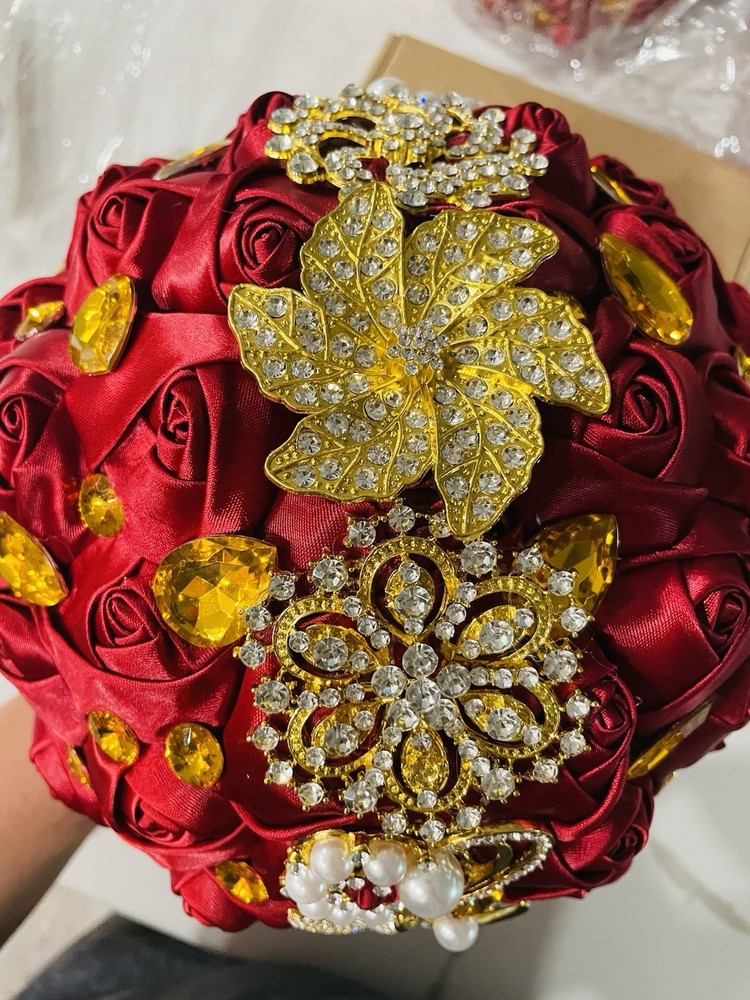 Artificial Red Rose Wedding Bouquet w/ Gold Rhinestone Brooch, Fabric & Plastic
