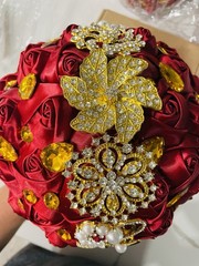 Artificial Red Rose Wedding Bouquet w/ Gold Rhinestone Brooch, Fabric & Plastic