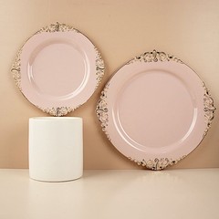 10 BLUSH GOLD 8″ Round Plastic Salad Dinner PLATES Embossed Baroque Rim Party