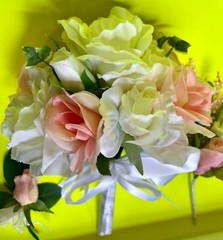 Bridal artificial silk flowers bouquet white & pink, 2 corsages, boutonniere lot