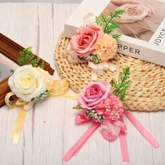 2Pcs Artificial Corsage Wristlet Flower Wrist Prom Corsage Champagne