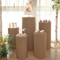 5 TAUPE Fitted Spandex Cylinder Display STAND COVERS Set Party Decorations