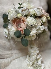 Cascading Wedding Bouquet for Bride, Blush Ivory Silk Flower Pearl Crystal