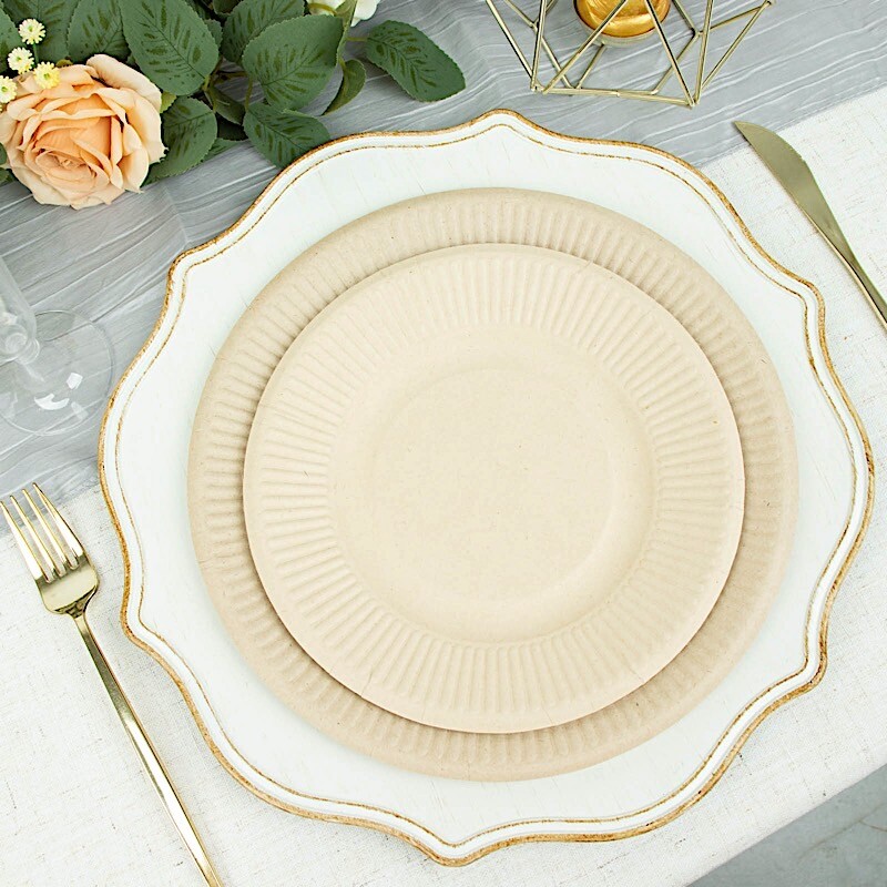 50 Round 8″ NATURAL Bagasse Sustainable Salad PLATES Ribbed Rim Party Events