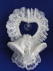New Vintage Double White Satin Bells Cake topper with elegant Lace #423