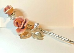 Metal Pink Rose and Bud with trimmed silver lacquered Long Stem