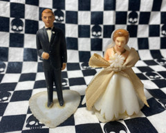 Vintage Bride Groom Wedding Cake Toppers White Brown Hair 60s Hong Kong Plastic