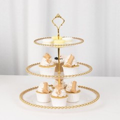 CLEAR GOLD 3-Tier 14″ Round Plastic CUPCAKE Tower STAND Beaded Rim Party Events