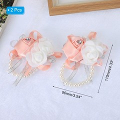 2 Pcs Wrist Corsage Silk Rose Pearls Wedding Bridesmaid Champagne