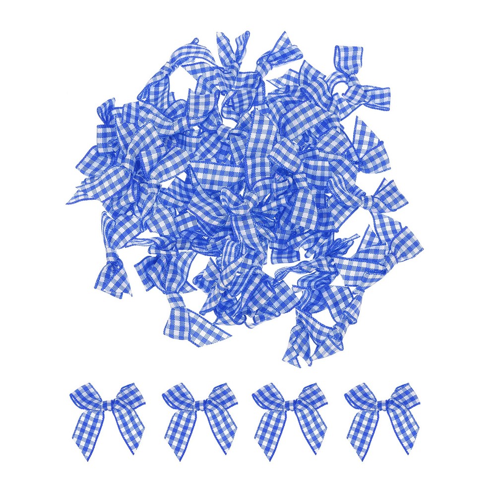 100Pcs Mini Gingham Ribbon Bow 1.5″ Checkered Fabric Satin Dark Blue and White