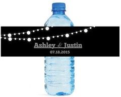 Black background and white glowing Market Lights Wedding Water Bottle Labels