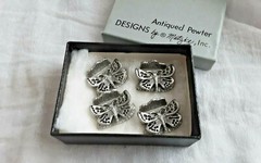 4 BUTTERFLY PEWTER VTG 1975 METZKE SINGLE BUSINESS CARD DESK TABLE STAND DISPLAY