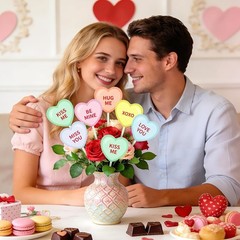 12 Pcs Valentine’s Day Decorative Picks Double-Sided Conversation Heart Plant