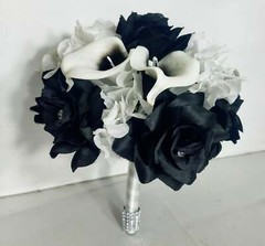 Black White Rose Calla Lily Bridal Wedding Bouquet Accessories