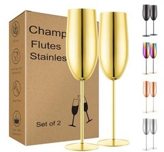Stainless Steel Champagne Flutes Set of 2-Unbreakable Metal Long Stem Gold