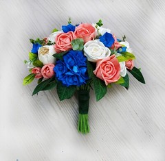 Royal Blue Coral Bridal Bouquet Sola Wood Bridesmaid Flowers Tropical Wedding