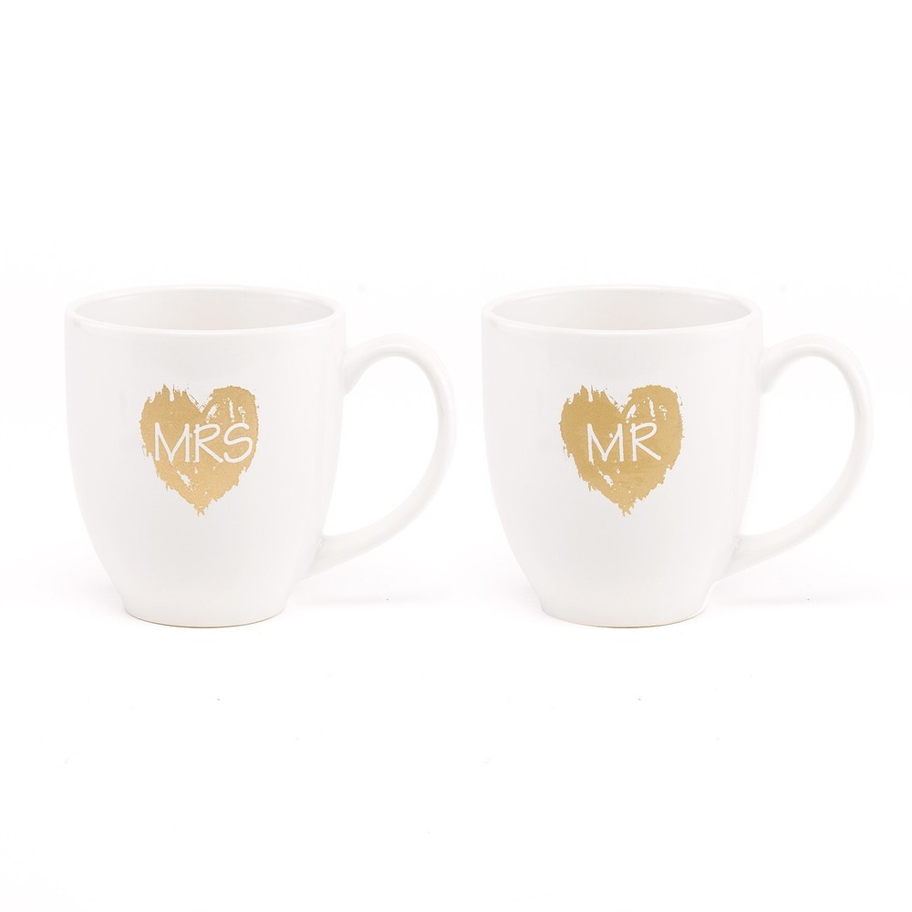 Mr. & Mrs. Mug Set Wedding or Anniversary Gift Idea – Gold Brush of Love Design