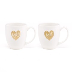 Mr. & Mrs. Mug Set Wedding or Anniversary Gift Idea – Gold Brush of Love Design