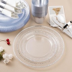 350PCS Clear Plastic Plates with Trim for 50 Guests, 50 Guests Set Silver