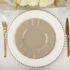 10 TAUPE 9″ Round PLASTIC Salad Dinner PLATES Gold Wavy Rim Wedding Party