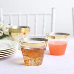25 CLEAR 9 oz Glittered PLASTIC CUPS Gold Rim Party Events Decorations Supples