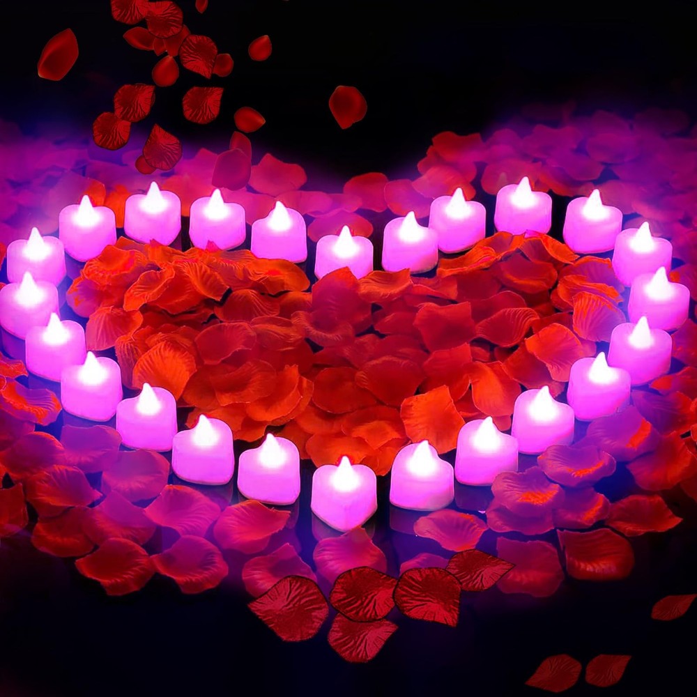 Pyrrhiax 2000PCS Silk Rose Petals with 24 LED Tea Lights Candles, Pink purple