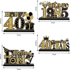 4 Pieces 40th Birthday Decorations Wooden Vintage 1985 Table Black Gold