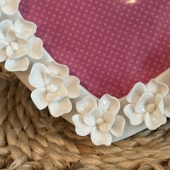 Ceramic Heart Photo Frame White Floral Wedding Valentine Cottagecore 7.5″