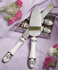 Black White Damask Theme Wedding Anniversary Guest Book Pen Cake Server 3 Piece